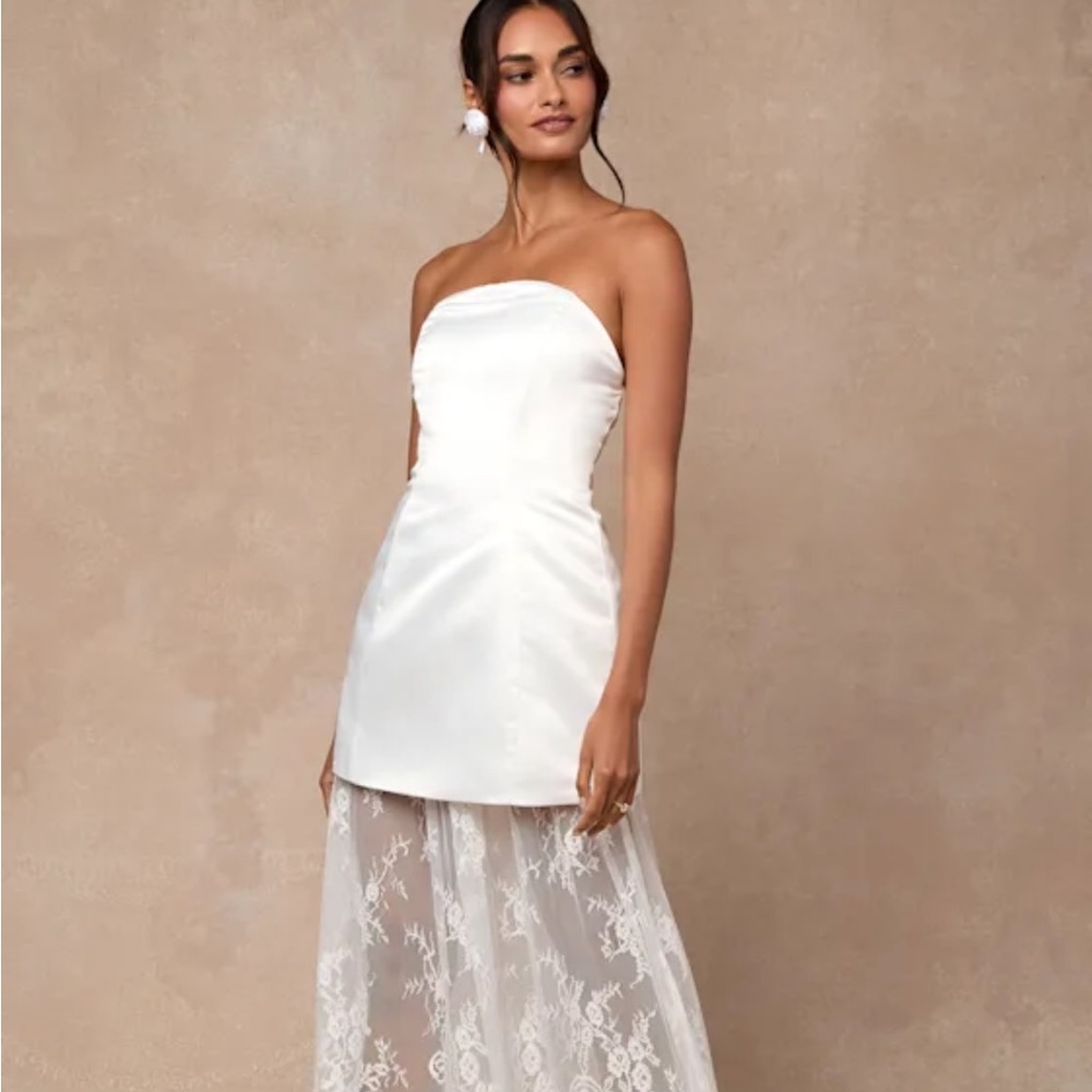 Lulu's White Strapless Satin and Lace Dress